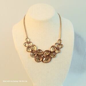 Bib Choker Necklace Golden Foil Tear Drop Rhinestone Cluster And Chain